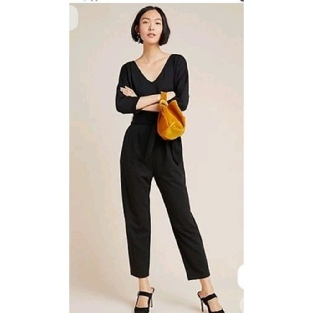 Anthropologie Cloth & Stone Black Textured Knit Jumpsuit V-Neck Tie Waist XS NEW